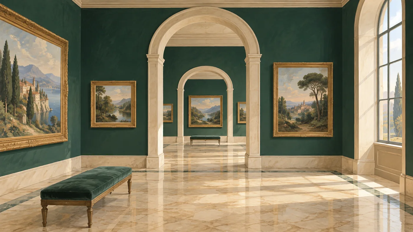 Illustration d’une galerie de musée aux murs verts, avec des tableaux et des arches de pierre.